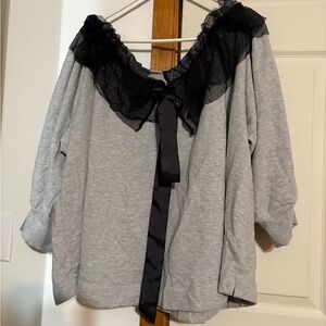 Maeve Light Gray Knit Top with Black Lace Trim